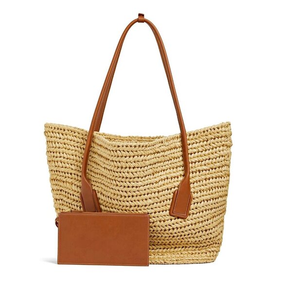 Bottega Veneta Handbags - Bottega Veneta Arco Women's Raffia Tote Bag Leather Pouch in Brown (MSRP $3,000)